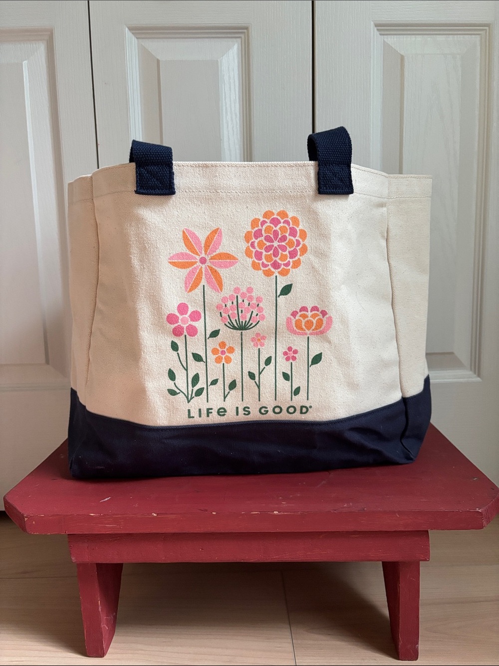 Life Is Good Canvas Tote. Blue & Off White With Floral Print.